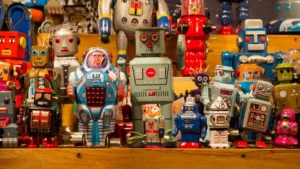 A bunch of toy robots are on display