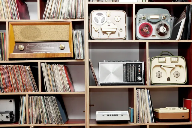 A shelf with many different types of records.